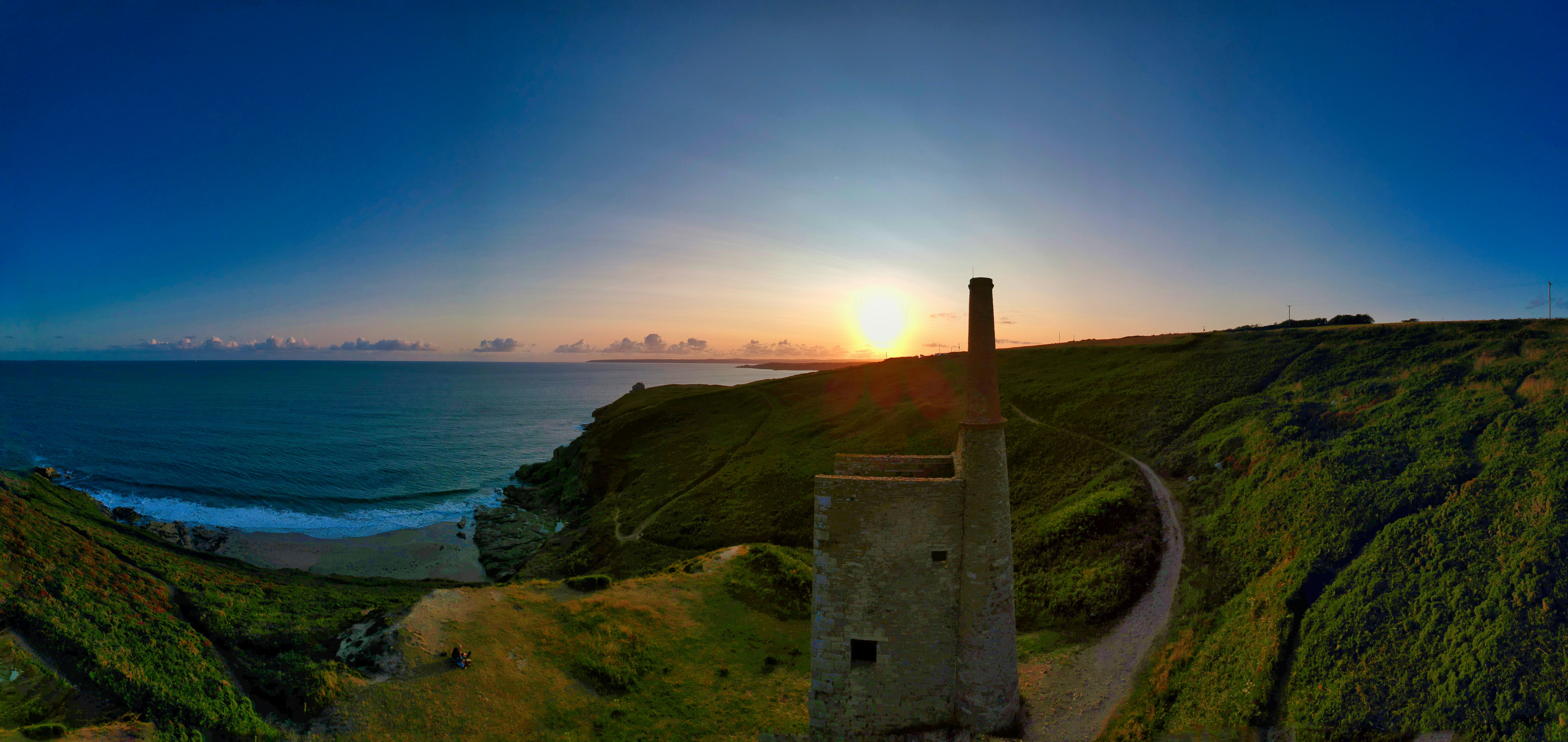Summer sunset panorama over Rinsey Head Tin Mine, Cornwall